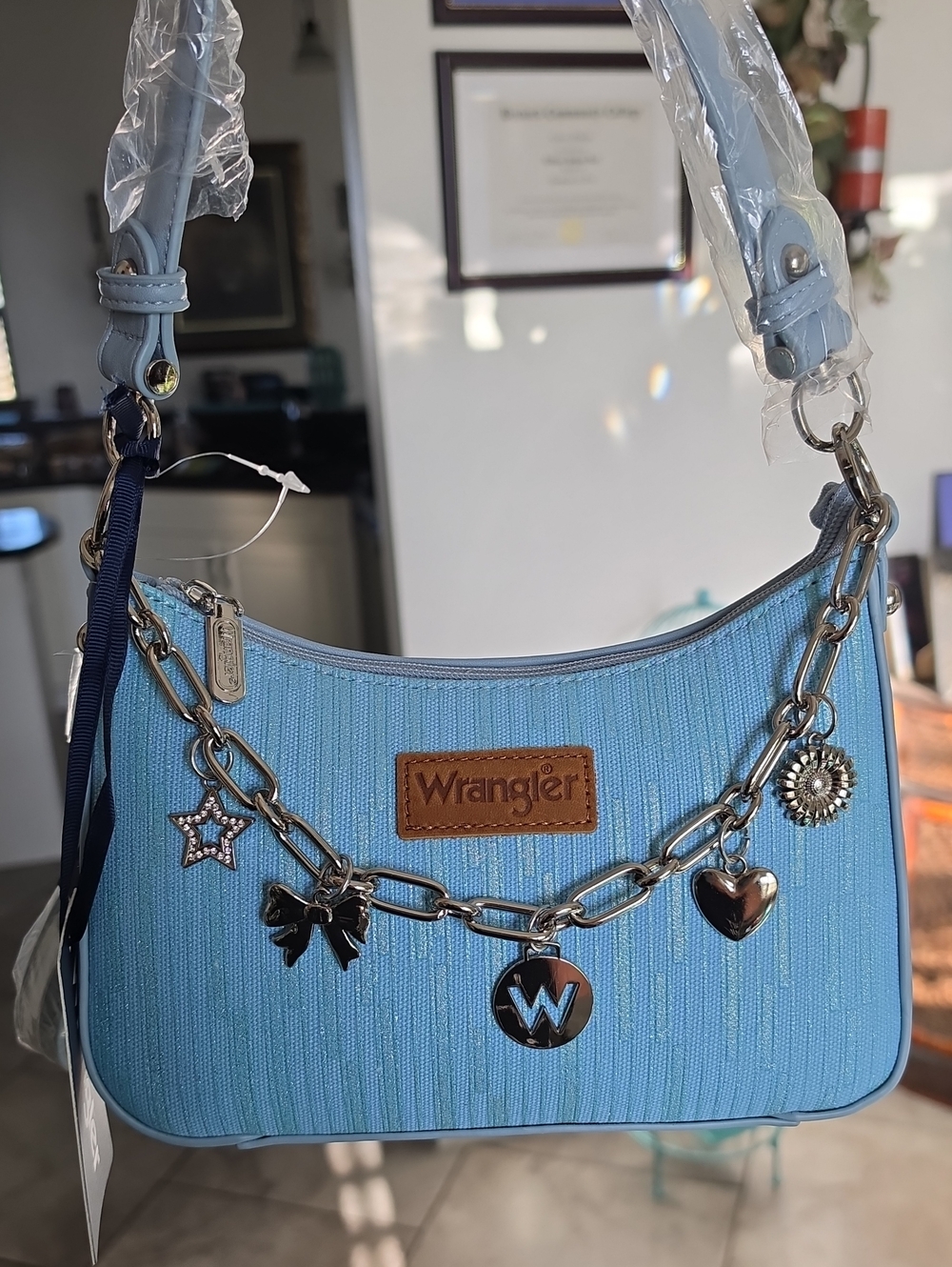 Wrangler Light Shimmer Blue Shoulder Bag Or Crossbody with Tan Logo Patch